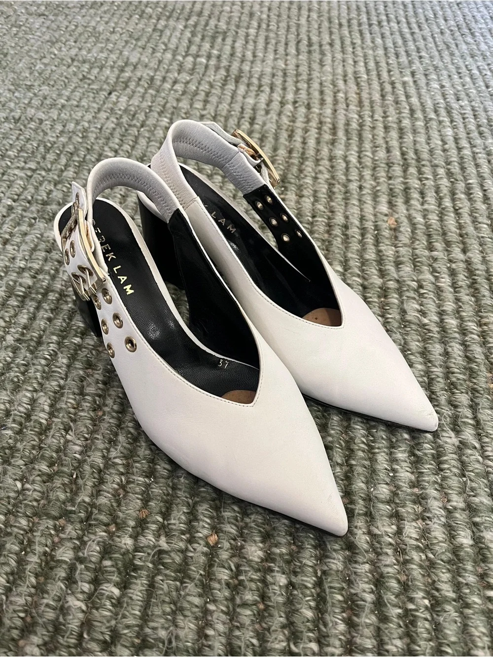Derek Lam White Pointed Slingback Block Heel with Buckle Accents